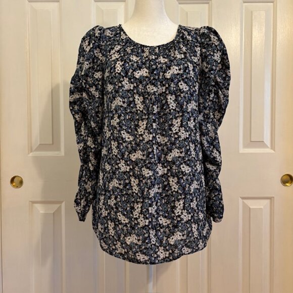 Max Studio Blue Floral Blouse with Long Ruched Sleeves Size Medium - Picture 1 of 11